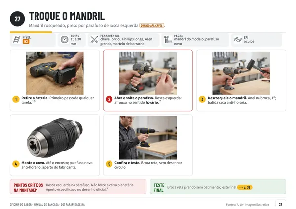 Página 27: passo a passo com fotos para trocar o mandril