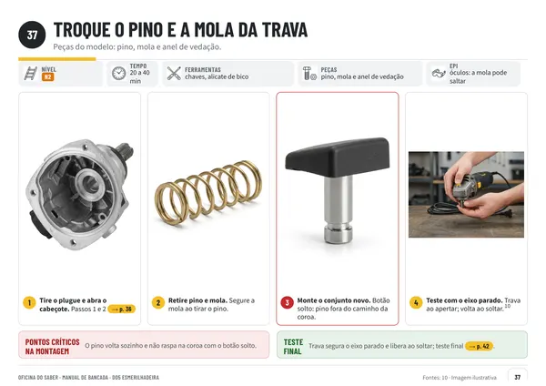 Página 37: passo a passo com fotos para trocar o pino e a mola da trava